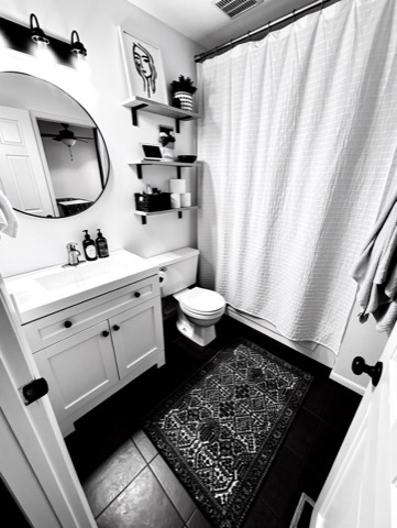 Bathroom (shelves) — High-Contrast Monochrome