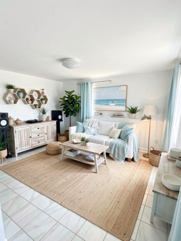 Family room (staged) — Coastal