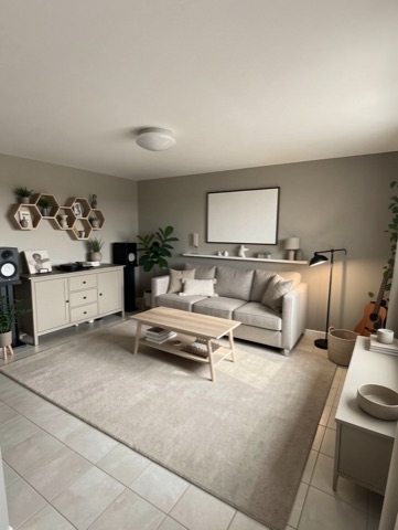 Family room (staged) — Modern Greige