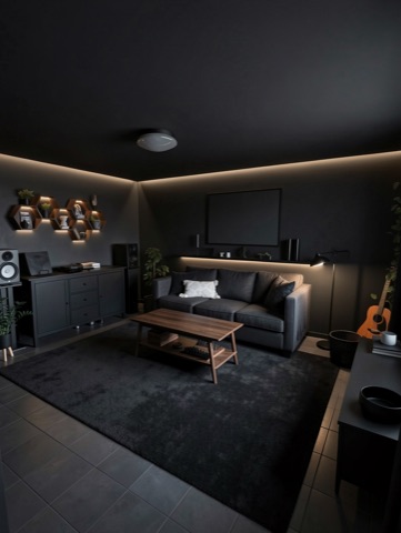 Family room (staged) — Sleek Dark Modern