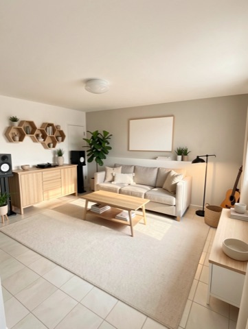 Family room (staged) — Warm Minimalist