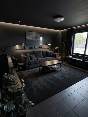 Living room (staged) — Sleek Dark Modern