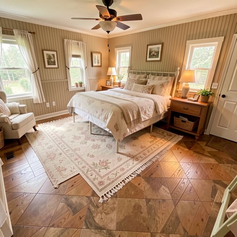 Primary bedroom (staged) — Cozy Cottage