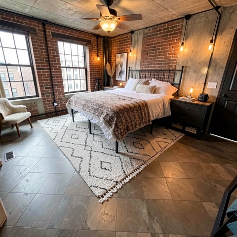 Primary bedroom (staged) — Industrial