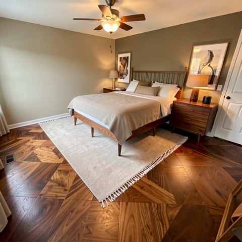 Primary bedroom (staged) — Mid-Century Modern