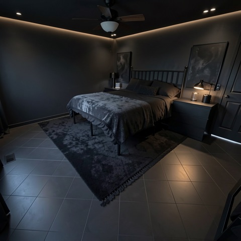 Primary bedroom (staged) — Sleek Dark Modern