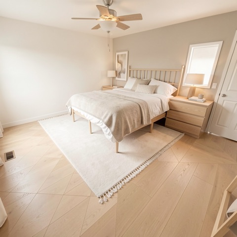 Primary bedroom (staged) — Warm Minimalist